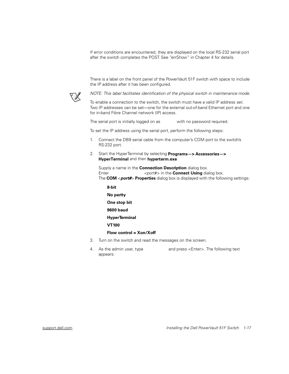 Setting ip address using the serial port, Setting ip address using the serial port -17 | Dell PowerVault 51F (8P Fibre Channel Switch) User Manual | Page 45 / 156