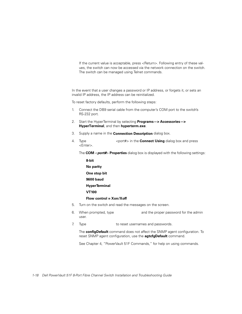 Resetting factory defaults, Resetting factory defaults -18, Configshow -14 | Dell PowerVault 51F (8P Fibre Channel Switch) User Manual | Page 46 / 156