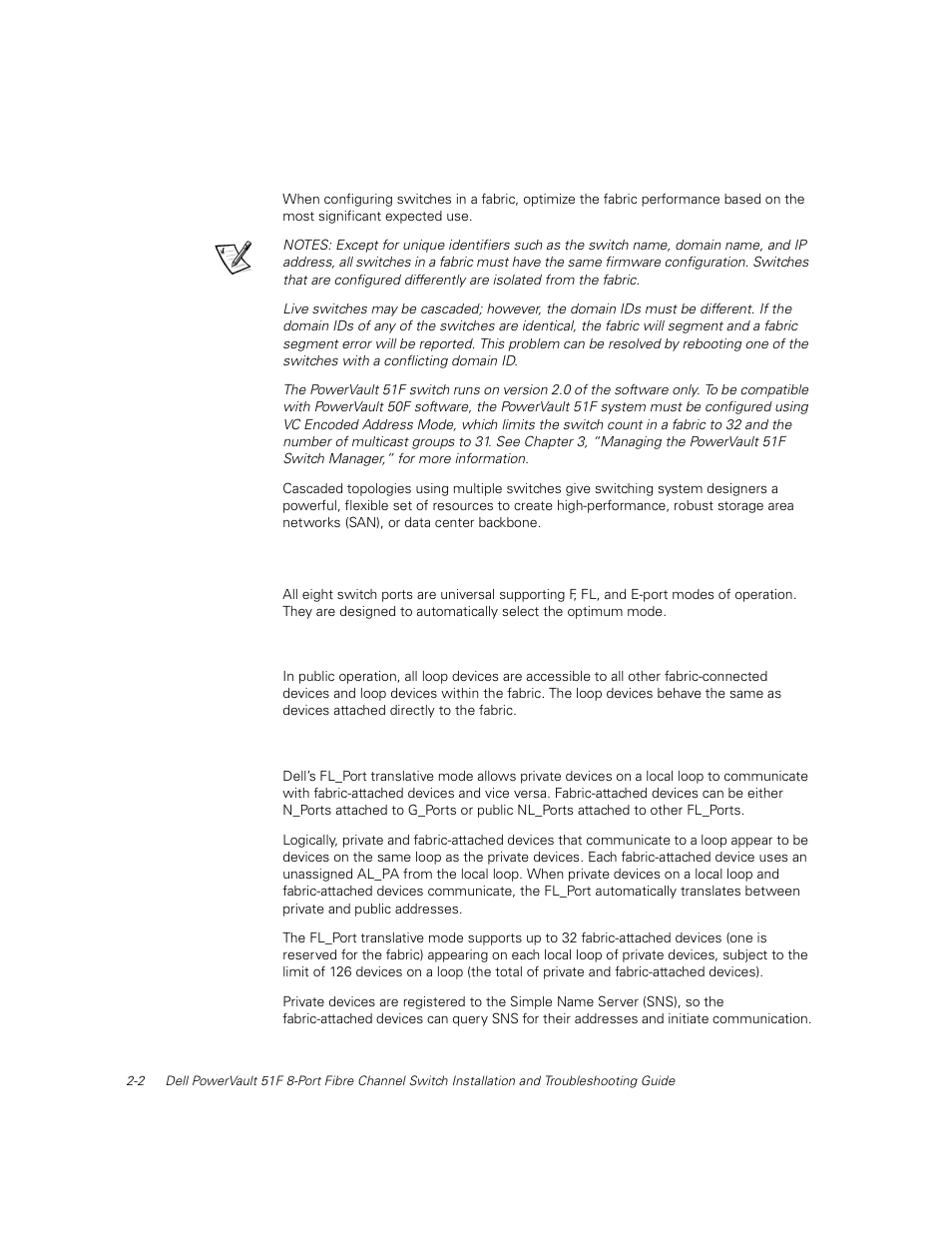 Cascading and configuring switches, Universal ports, Public operation | Private operation, Cascading and configuring switches -2, Universal ports -2, Public operation -2, Private operation -2 | Dell PowerVault 51F (8P Fibre Channel Switch) User Manual | Page 48 / 156
