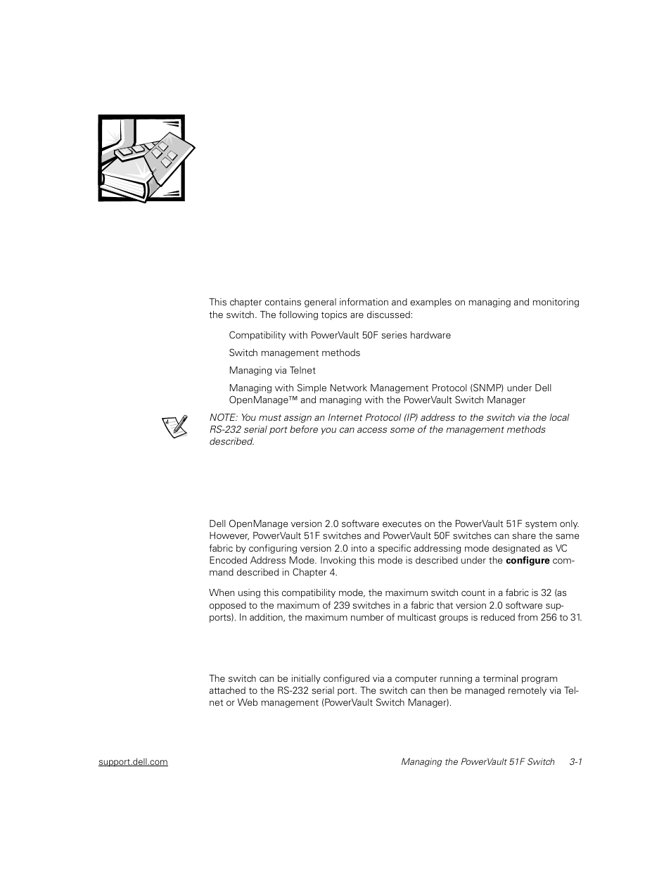 Managing the powervault 51f switch, Compatibility with powervault 50f series hardware, Comparing switch management methods | Chapter 3, Managing the powervault 51f switch -1, Comparing switch management methods -1 | Dell PowerVault 51F (8P Fibre Channel Switch) User Manual | Page 53 / 156