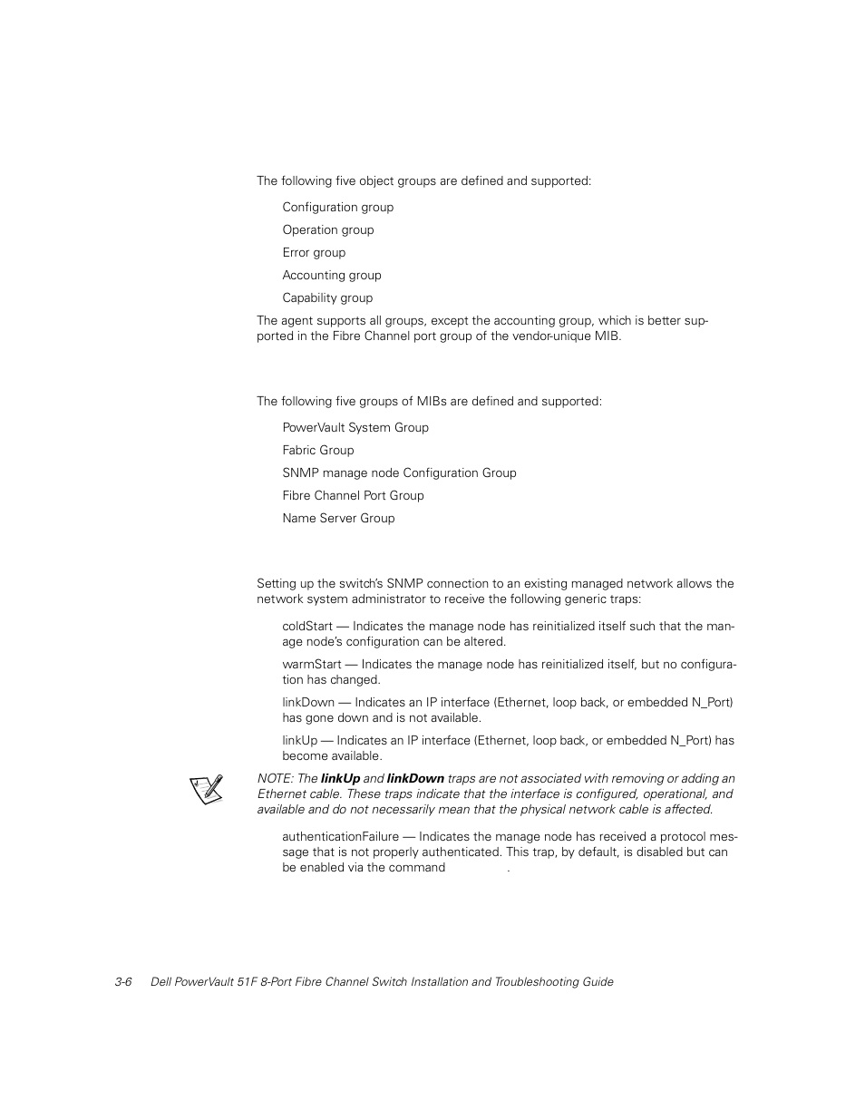 Fabric element mib support, Powervault switch vendor-unique mib, Generic traps | Fabric element mib support -6, Powervault switch vendor-unique mib -6, Generic traps -6 | Dell PowerVault 51F (8P Fibre Channel Switch) User Manual | Page 58 / 156