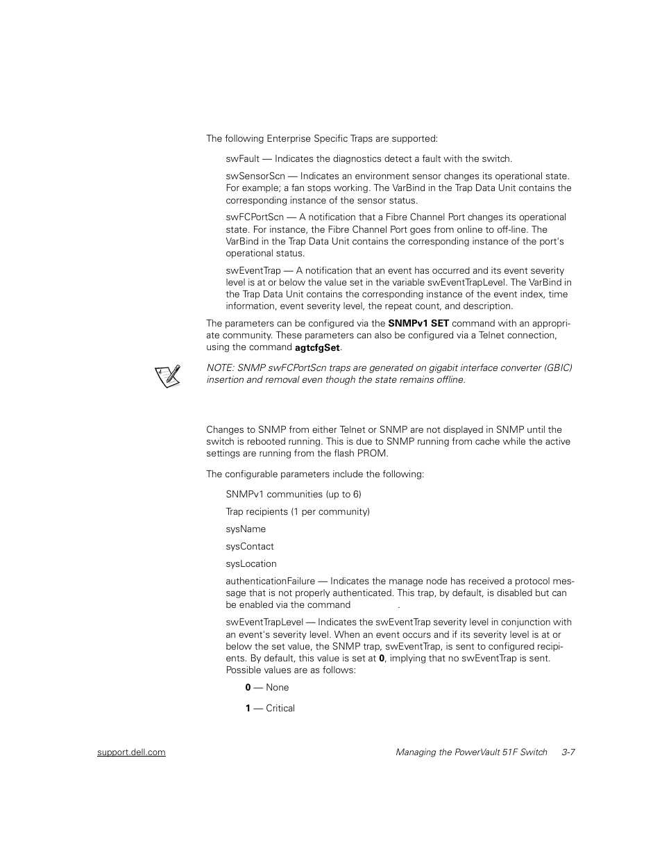 Enterprise specific traps, Manage node configuration, Enterprise specific traps -7 | Manage node configuration -7 | Dell PowerVault 51F (8P Fibre Channel Switch) User Manual | Page 59 / 156