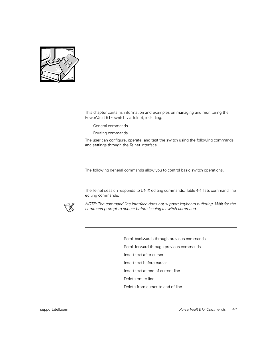 Powervault 51f commands, General commands, Command line editing commands | Chapter 4, Powervault 51f commands -1, General commands -1, Command line editing commands -1, Table 4-1 | Dell PowerVault 51F (8P Fibre Channel Switch) User Manual | Page 63 / 156