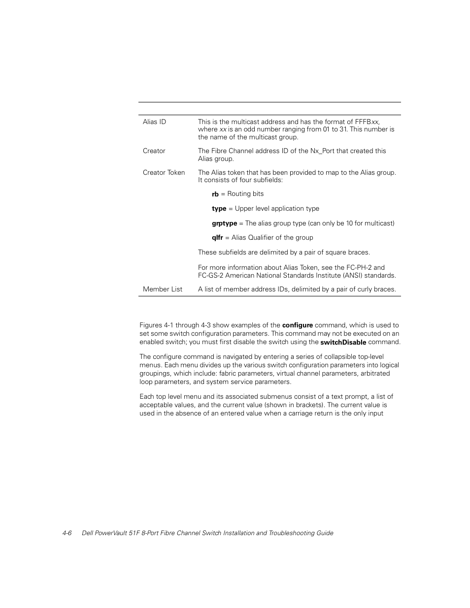 Configure, Configure -6, Table 4-3 | Aliasshow command field descriptions -6 | Dell PowerVault 51F (8P Fibre Channel Switch) User Manual | Page 68 / 156