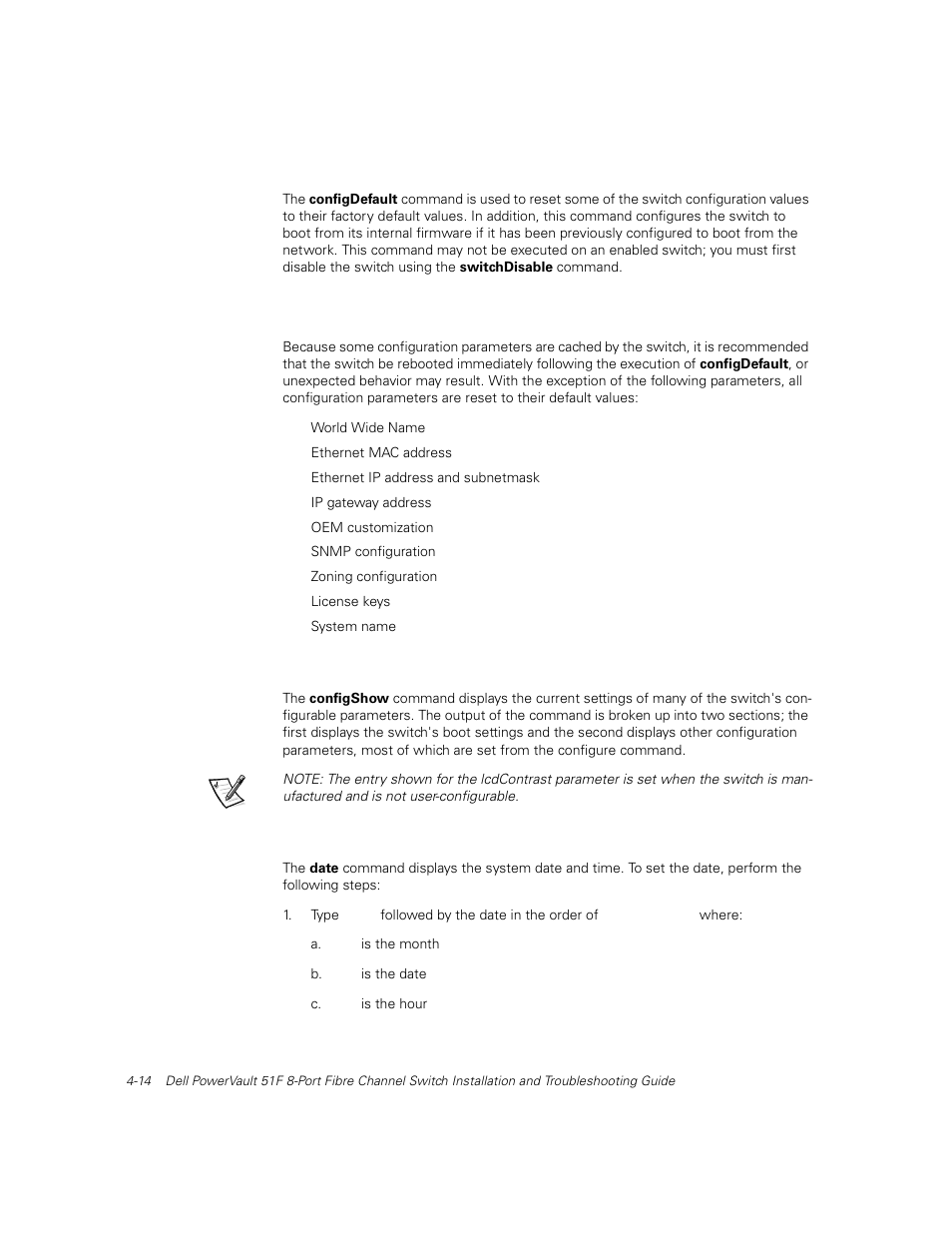 Configdefault, Configshow, Date | Configdefault -14, Date -14 | Dell PowerVault 51F (8P Fibre Channel Switch) User Manual | Page 76 / 156