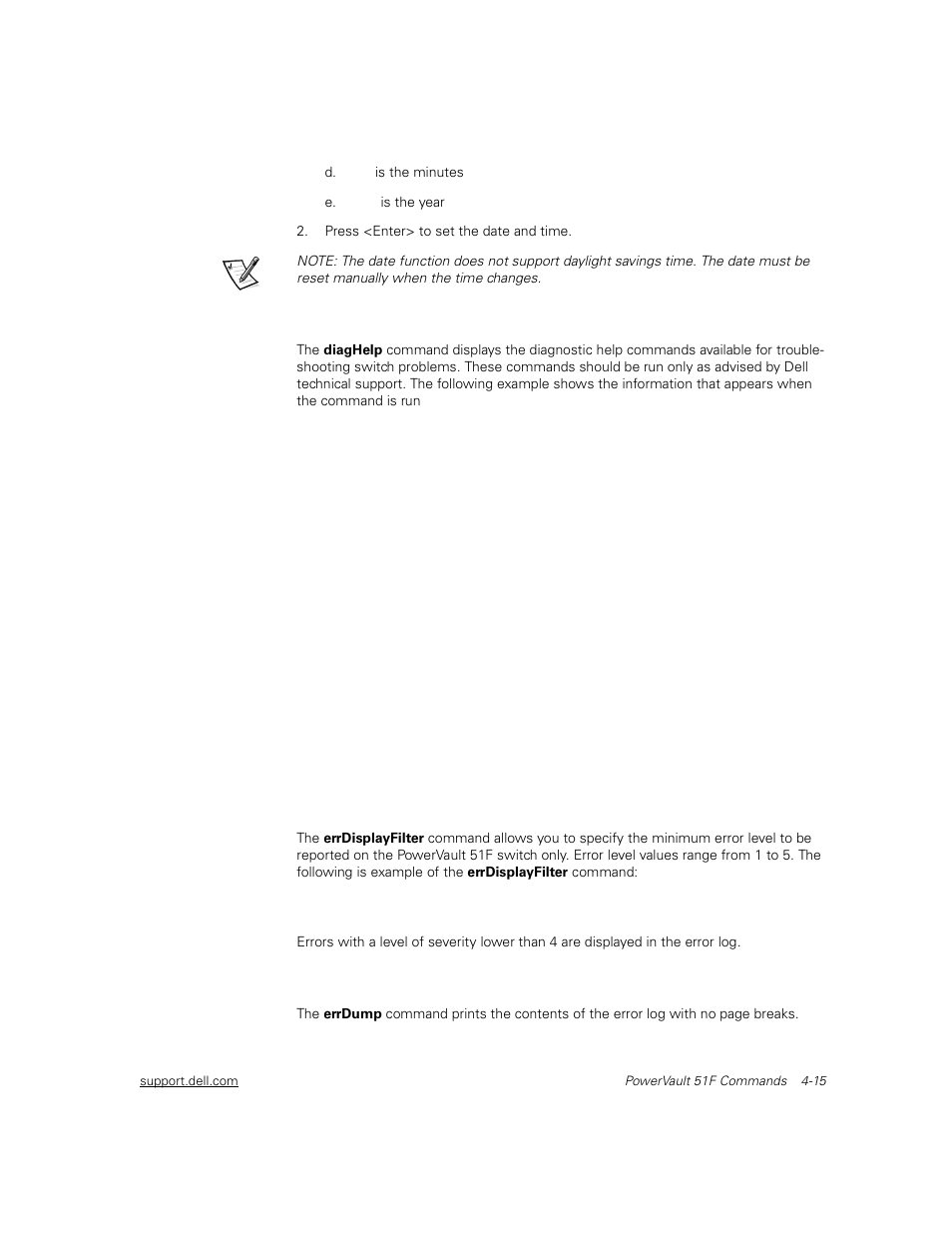 Diaghelp, Errdisplayfilter, Errdump | Diaghelp -15, Errdisplayfilter -15, Errdump -15, Routehelp -4 | Dell PowerVault 51F (8P Fibre Channel Switch) User Manual | Page 77 / 156