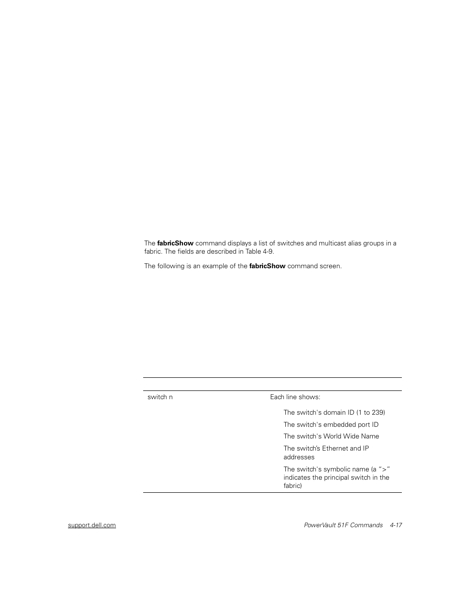 Fabricshow, Fabricshow -17, Table 4-9 | Fabricshow command field descriptions -17 | Dell PowerVault 51F (8P Fibre Channel Switch) User Manual | Page 79 / 156