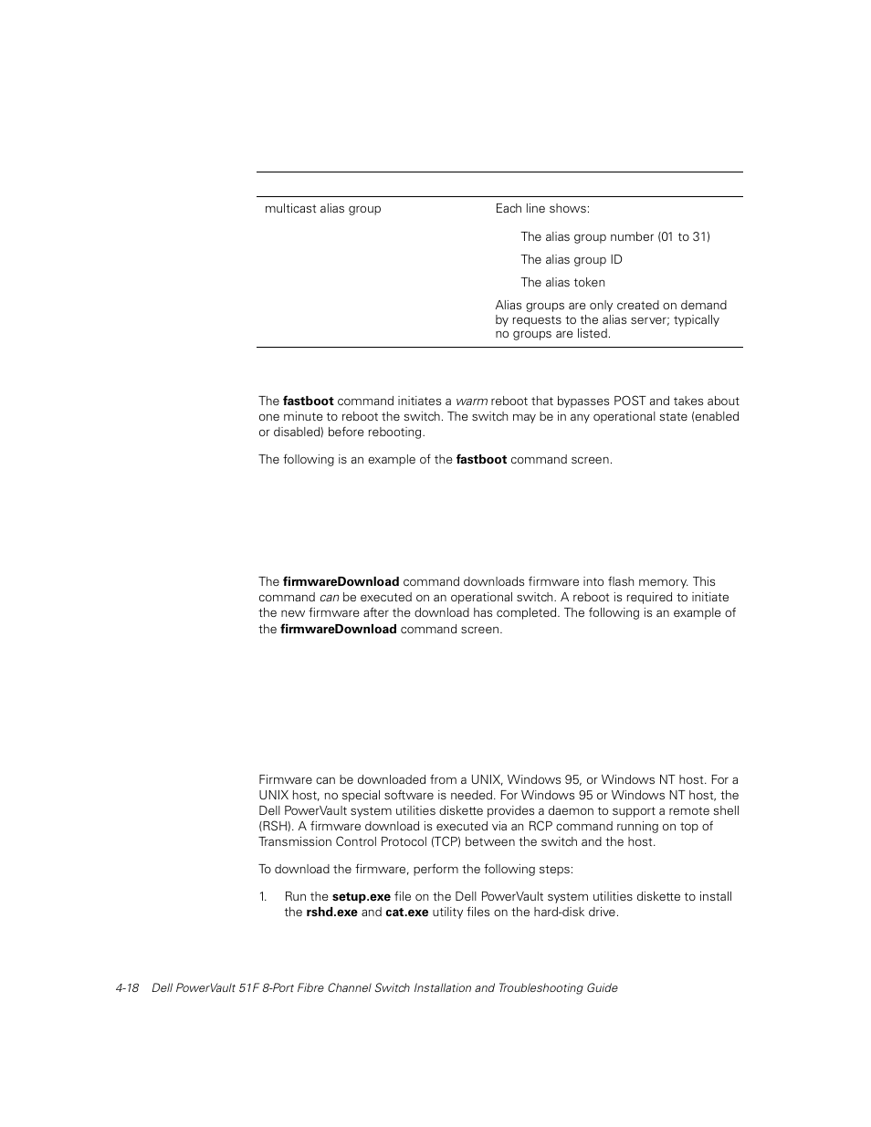Fastboot, Firmwaredownload, Fastboot -18 | Firmwaredownload -18 | Dell PowerVault 51F (8P Fibre Channel Switch) User Manual | Page 80 / 156