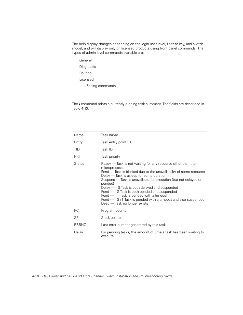 I -20, Table 4-10, I command field descriptions -20 | Dell PowerVault 51F (8P Fibre Channel Switch) User Manual | Page 82 / 156