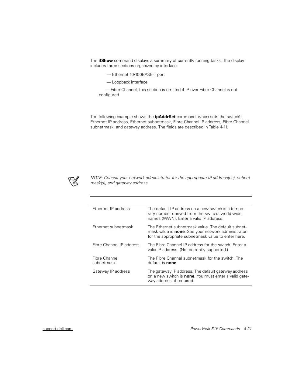 Ifshow, Ipaddrset, Ifshow -21 | Ipaddrset -21, Table 4-11, Ipaddrset command field descriptions -21 | Dell PowerVault 51F (8P Fibre Channel Switch) User Manual | Page 83 / 156