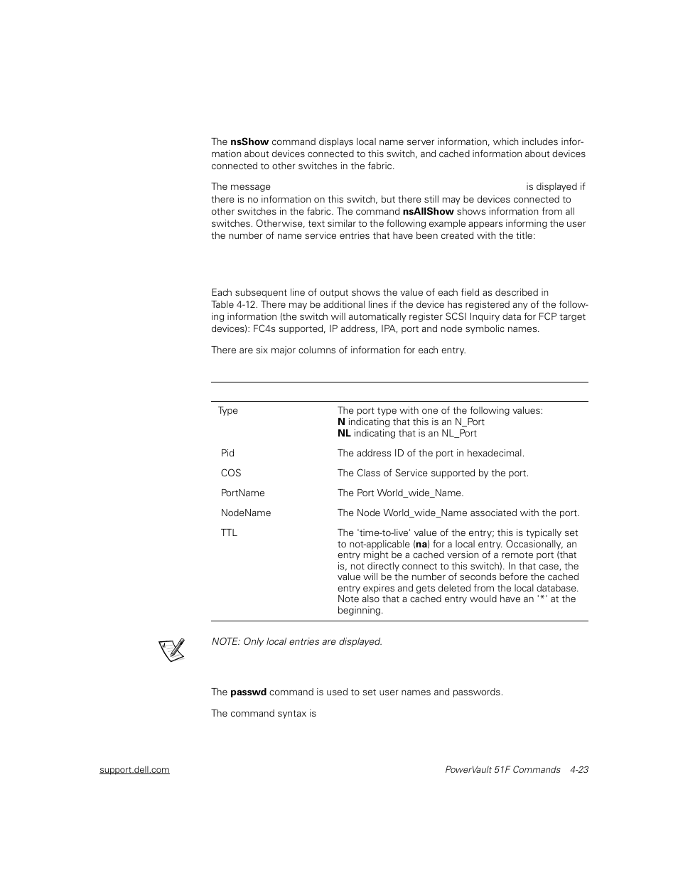 Nsshow, Passwd, Nsshow -23 | Passwd -23, Table 4-12, Nsshow fields -23 | Dell PowerVault 51F (8P Fibre Channel Switch) User Manual | Page 85 / 156