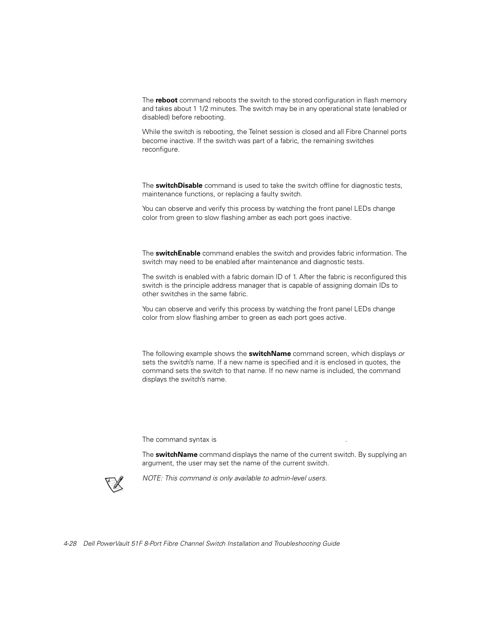 Reboot, Switchdisable, Switchenable | Switchname, Reboot -28, Switchdisable -28, Switchenable -28, Switchname -28 | Dell PowerVault 51F (8P Fibre Channel Switch) User Manual | Page 90 / 156
