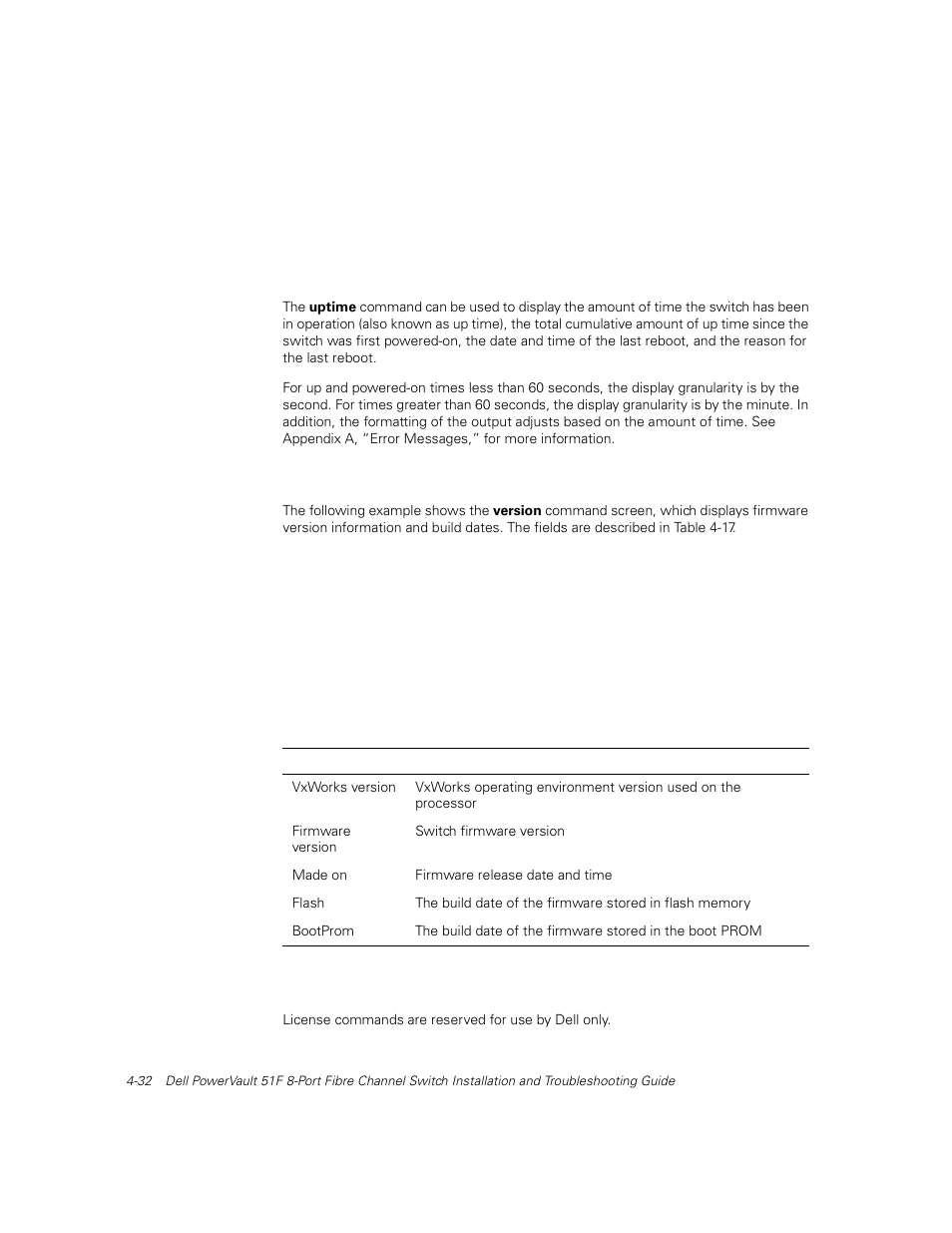 Uptime, Version, License commands | Uptime -32, Version -32, License commands -32, Table 4-17, Version command field descriptions -32 | Dell PowerVault 51F (8P Fibre Channel Switch) User Manual | Page 94 / 156