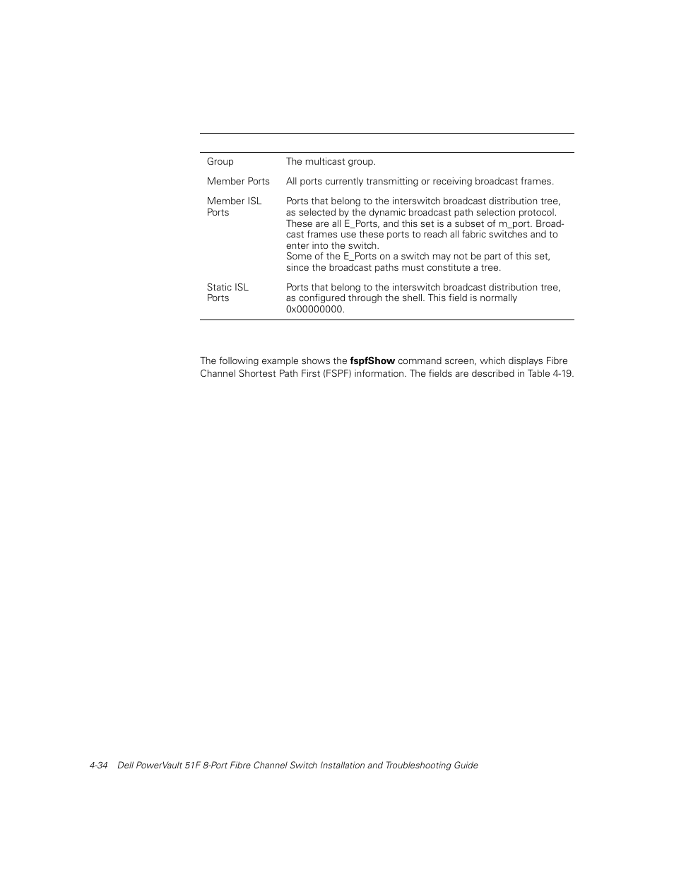 Fspfshow, Fspfshow -34, Table 4-18 | Bcastshow bitmap field descriptions -34 | Dell PowerVault 51F (8P Fibre Channel Switch) User Manual | Page 96 / 156