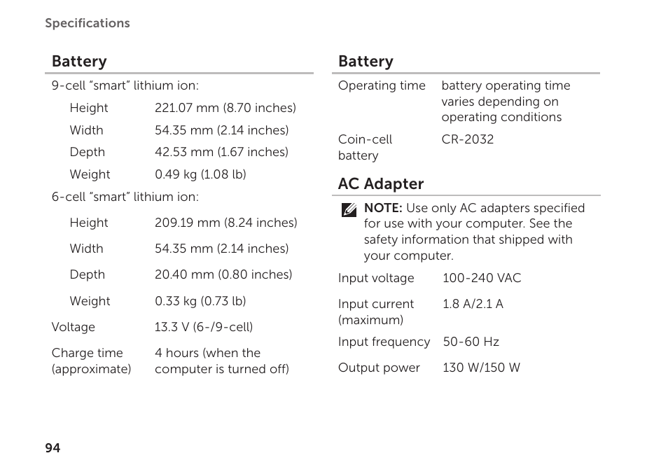Battery, Ac adapter | Dell XPS 17 (L701X, Late 2010) User Manual | Page 96 / 106