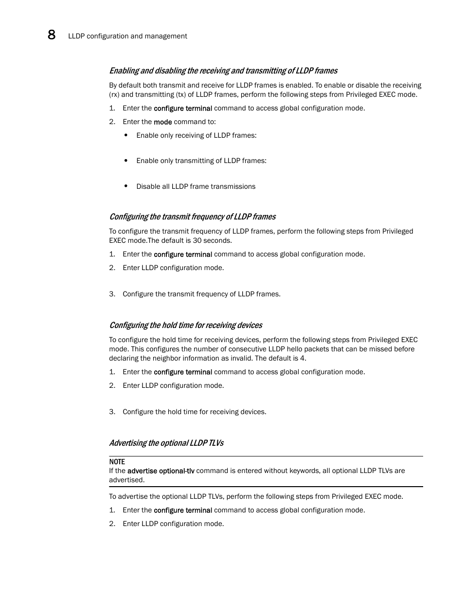 Configuring the transmit frequency of lldp frames, Configuring the hold time for receiving devices, Advertising the optional lldp tlvs | Dell POWEREDGE M1000E User Manual | Page 100 / 168