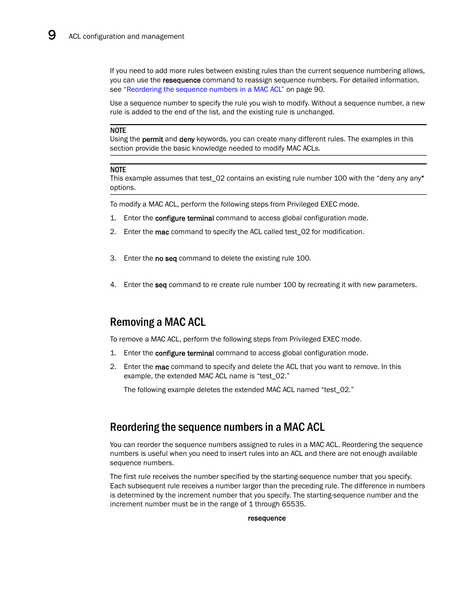 Removing a mac acl, Reordering the sequence numbers in a mac acl | Dell POWEREDGE M1000E User Manual | Page 108 / 168