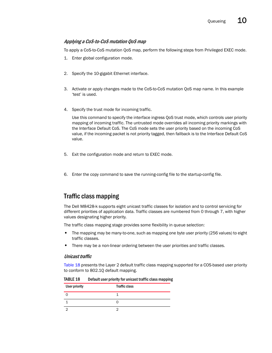 Traffic class mapping, Table 18, Applying a cos-to-cos mutation qos map | Unicast traffic | Dell POWEREDGE M1000E User Manual | Page 115 / 168