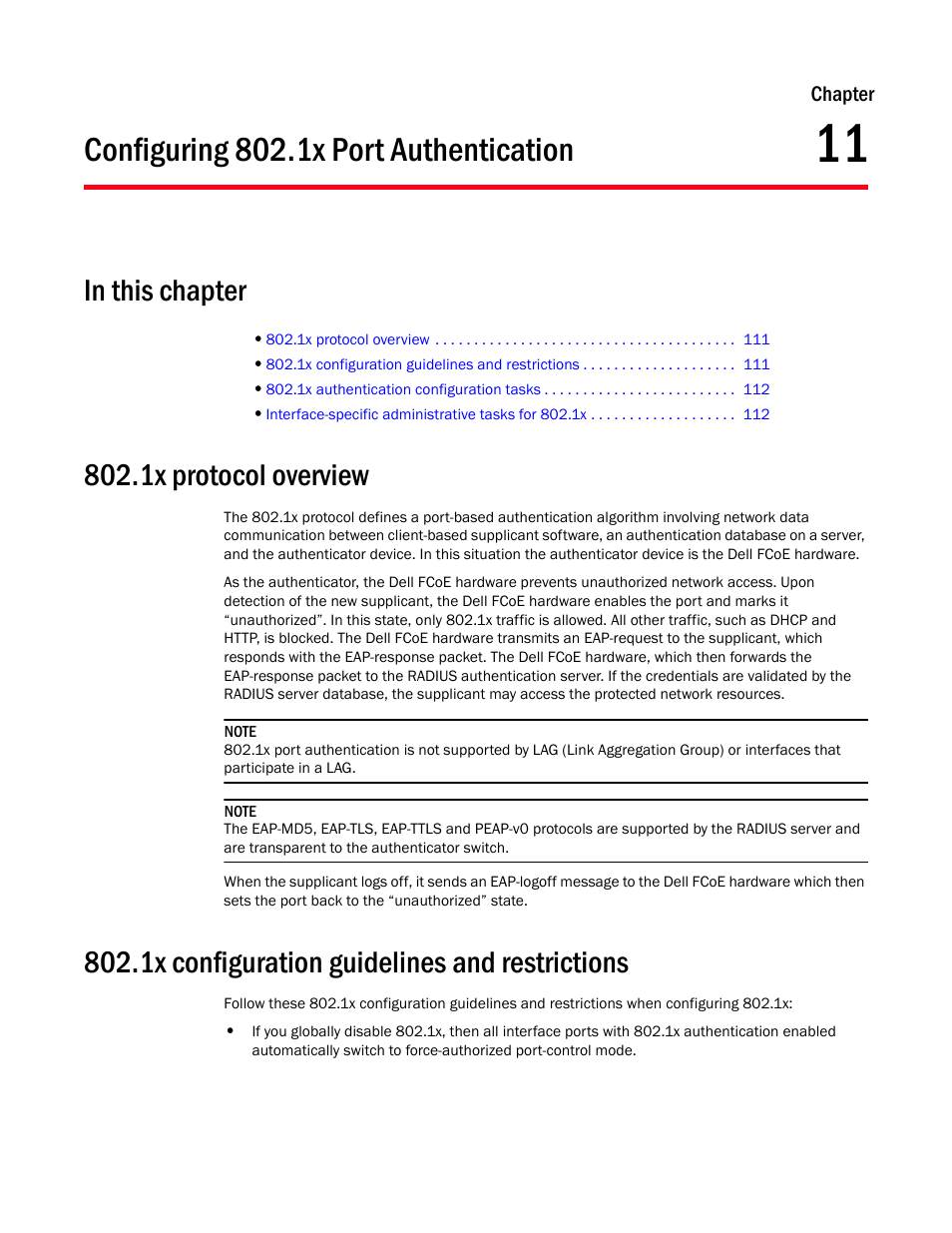 Configuring 802.1x port authentication, In this chapter, 1x protocol overview | 1x configuration guidelines and restrictions, Chapter 11 | Dell POWEREDGE M1000E User Manual | Page 129 / 168