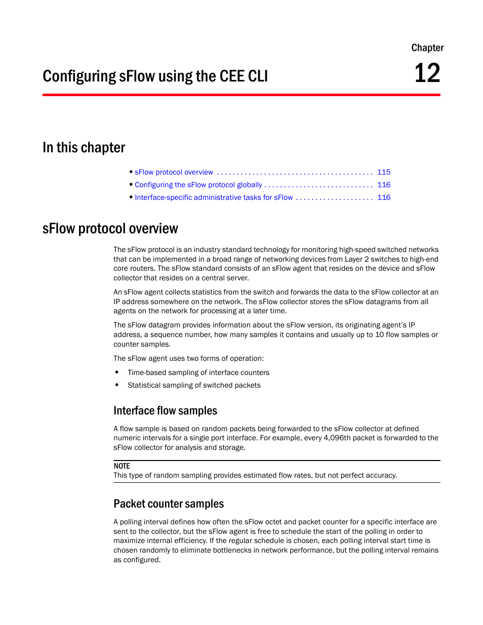 Configuring sflow using the cee cli, In this chapter, Sflow protocol overview | Interface flow samples, Packet counter samples, Chapter 12, Chapter 12, “configuring sflow using the cee cli | Dell POWEREDGE M1000E User Manual | Page 133 / 168