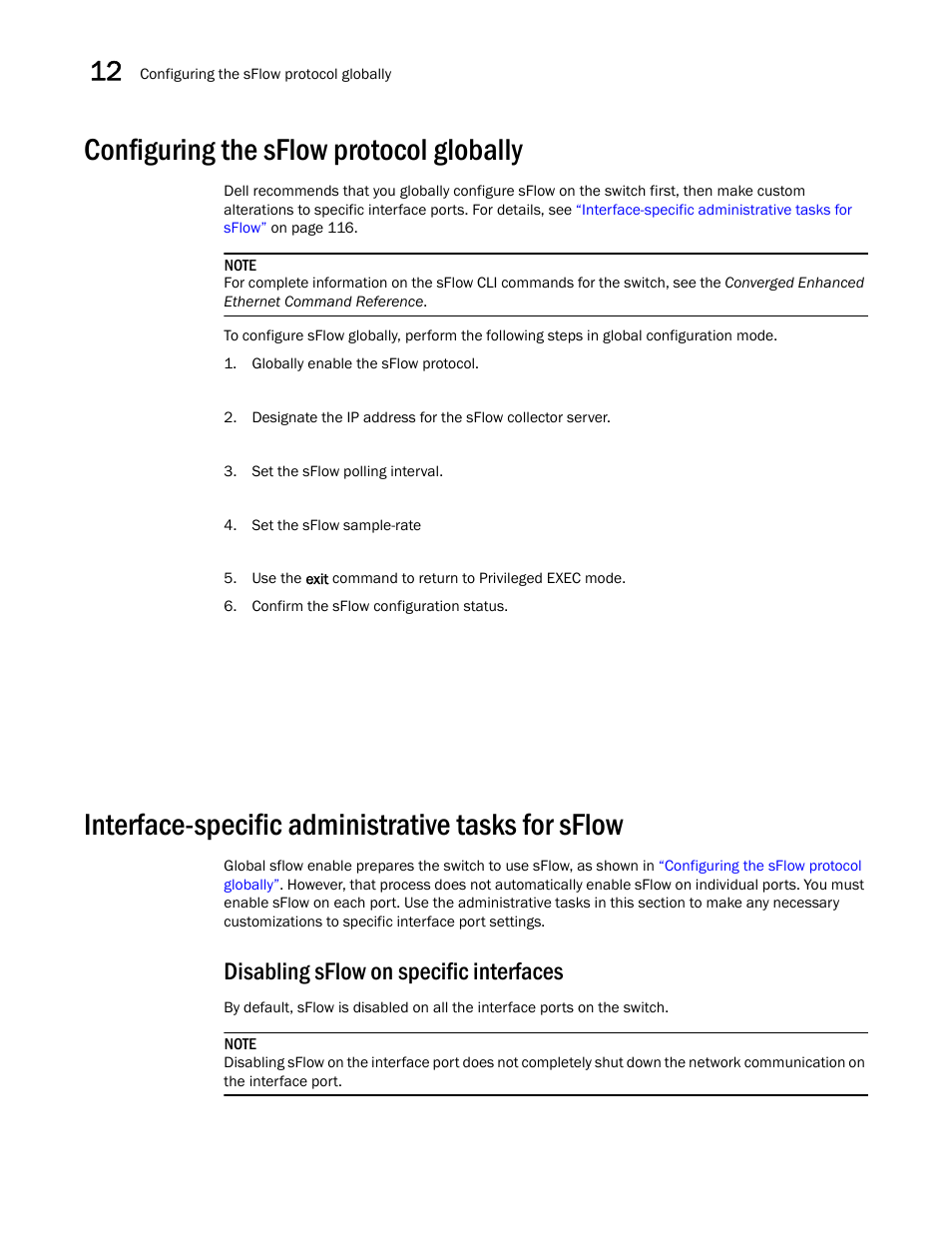 Configuring the sflow protocol globally, Interface-specific administrative tasks for sflow, Disabling sflow on specific interfaces | Dell POWEREDGE M1000E User Manual | Page 134 / 168