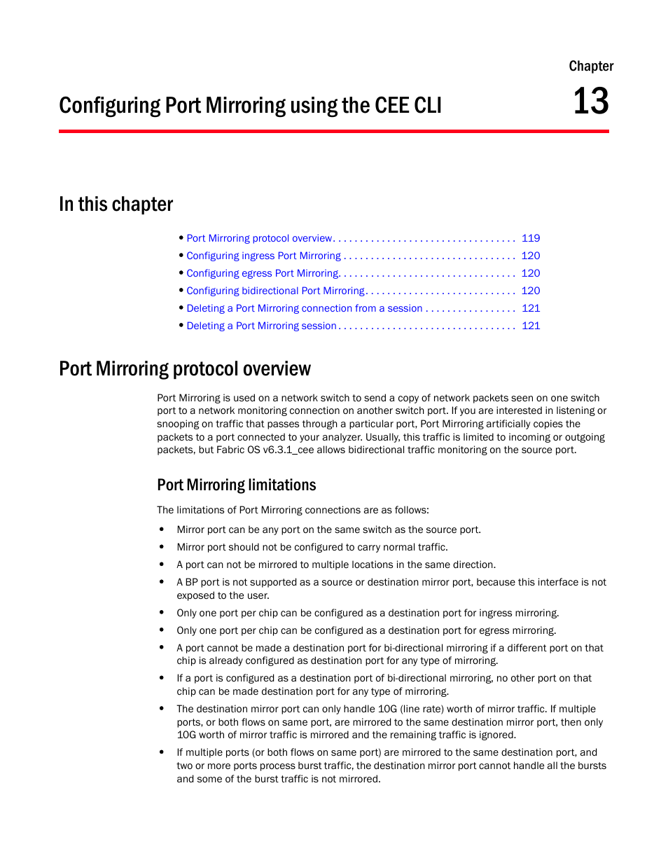 Configuring port mirroring using the cee cli, In this chapter, Port mirroring protocol overview | Port mirroring limitations, Chapter 13 | Dell POWEREDGE M1000E User Manual | Page 137 / 168