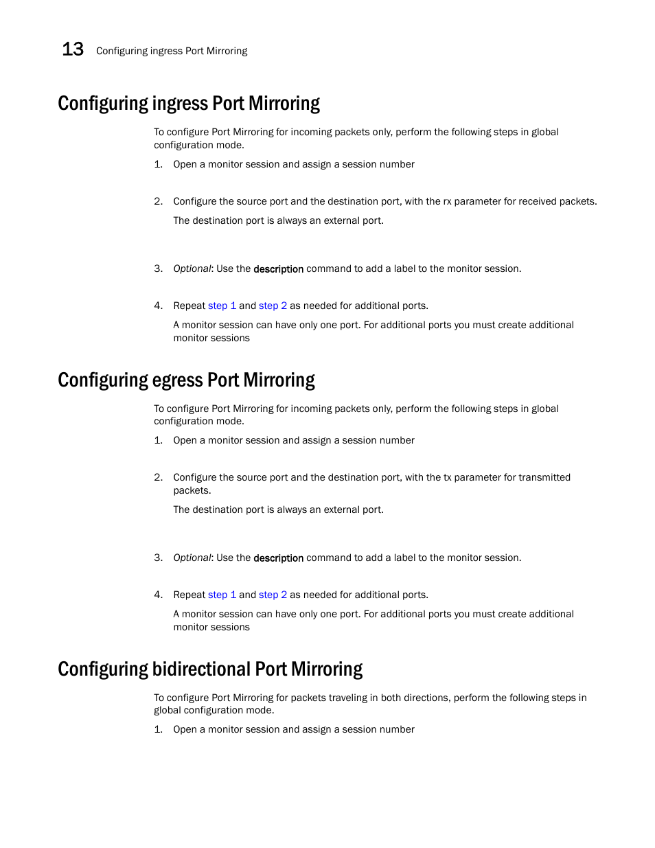 Configuring ingress port mirroring, Configuring egress port mirroring, Configuring bidirectional port mirroring | Dell POWEREDGE M1000E User Manual | Page 138 / 168