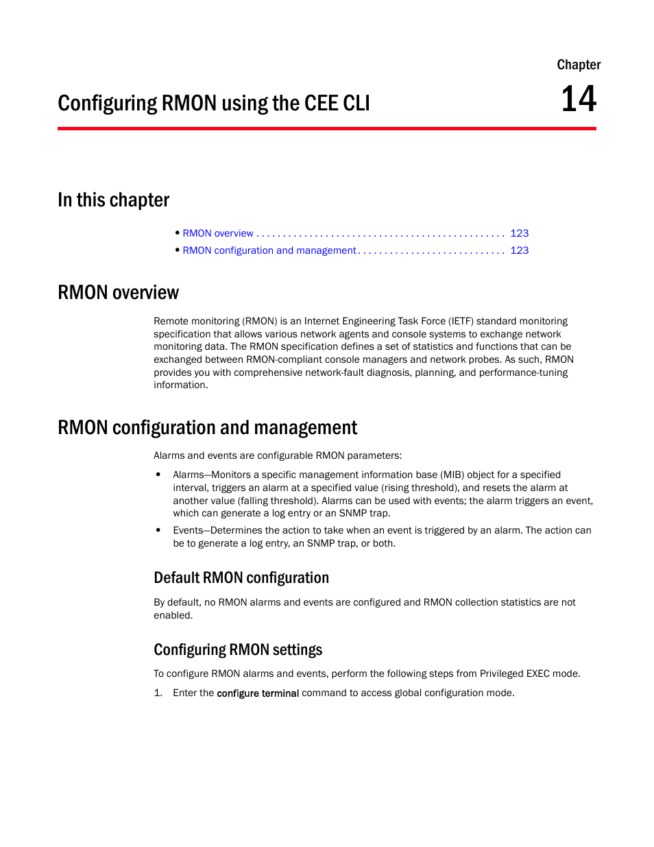 Configuring rmon using the cee cli, In this chapter, Rmon overview | Rmon configuration and management, Default rmon configuration, Configuring rmon settings, Chapter 14, Chapter 14, “configuring rmon using the cee cli, Describes | Dell POWEREDGE M1000E User Manual | Page 141 / 168