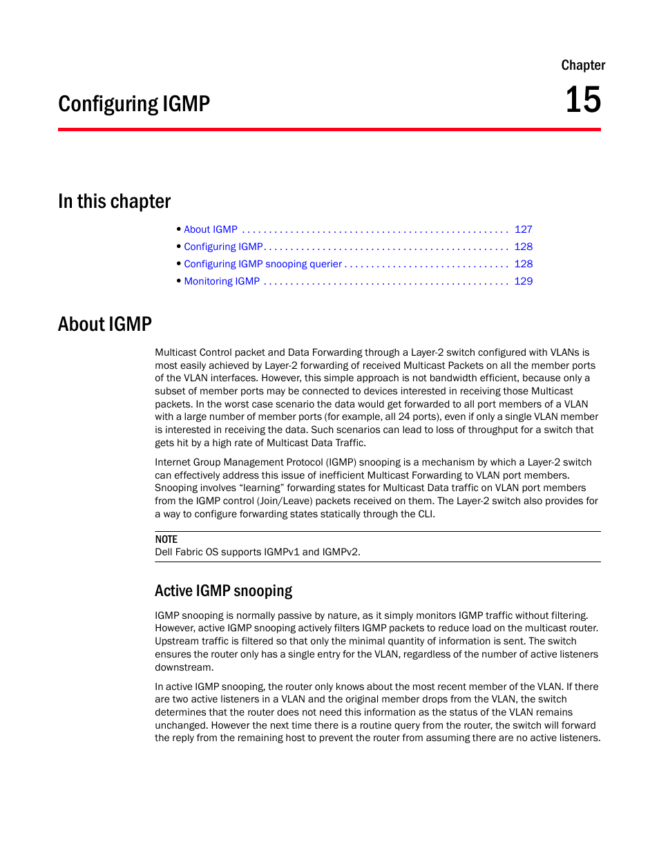 Configuring igmp, In this chapter, About igmp | Active igmp snooping, Chapter 15, Chapter 15, “configuring igmp, Descr | Dell POWEREDGE M1000E User Manual | Page 145 / 168