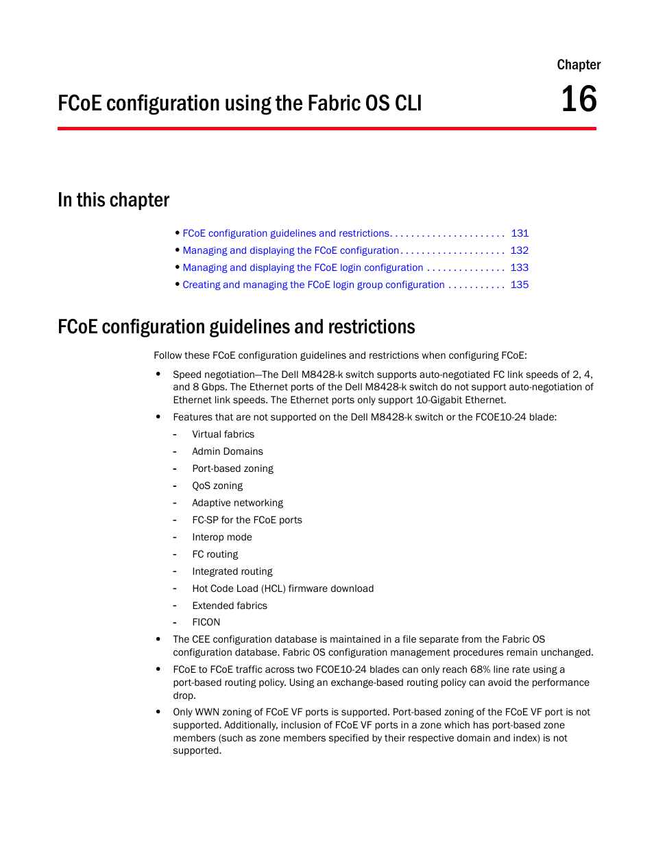 Fcoe configuration using the fabric os cli, In this chapter, Fcoe configuration guidelines and restrictions | Chapter 16, Describes ho | Dell POWEREDGE M1000E User Manual | Page 149 / 168