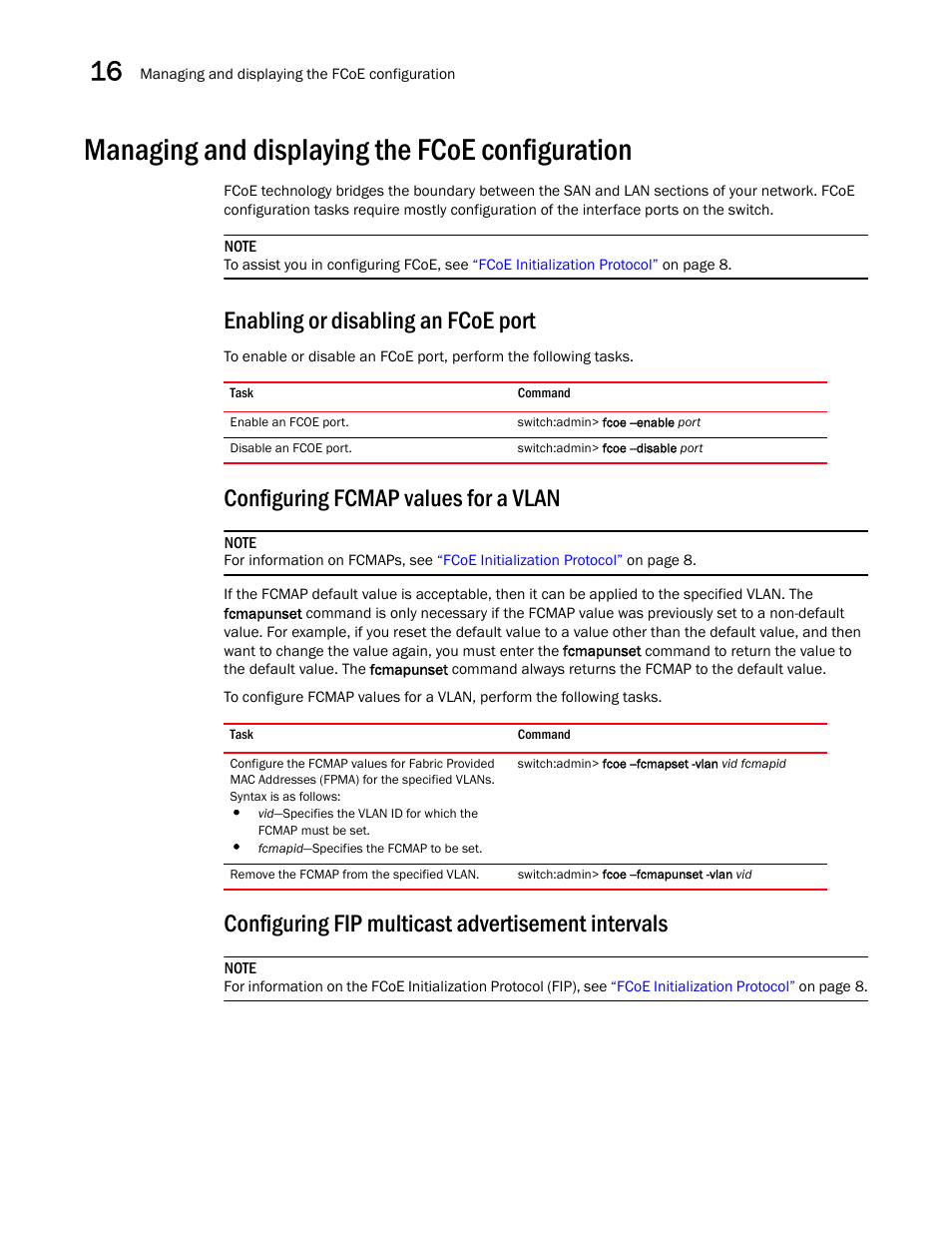 Managing and displaying the fcoe configuration, Enabling or disabling an fcoe port, Configuring fcmap values for a vlan | Configuring fip multicast advertisement intervals | Dell POWEREDGE M1000E User Manual | Page 150 / 168