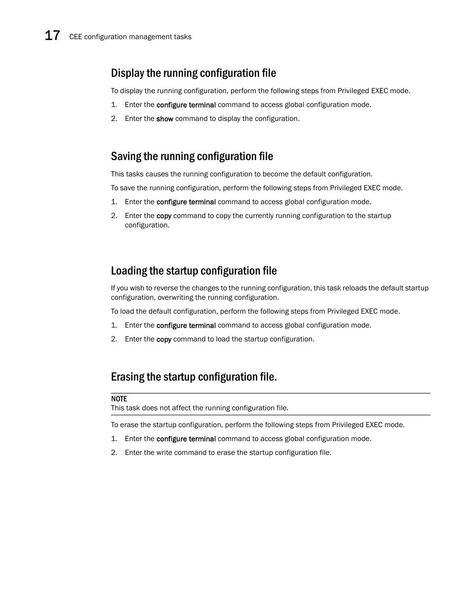 Display the running configuration file, Saving the running configuration file, Loading the startup configuration file | Erasing the startup configuration file | Dell POWEREDGE M1000E User Manual | Page 158 / 168