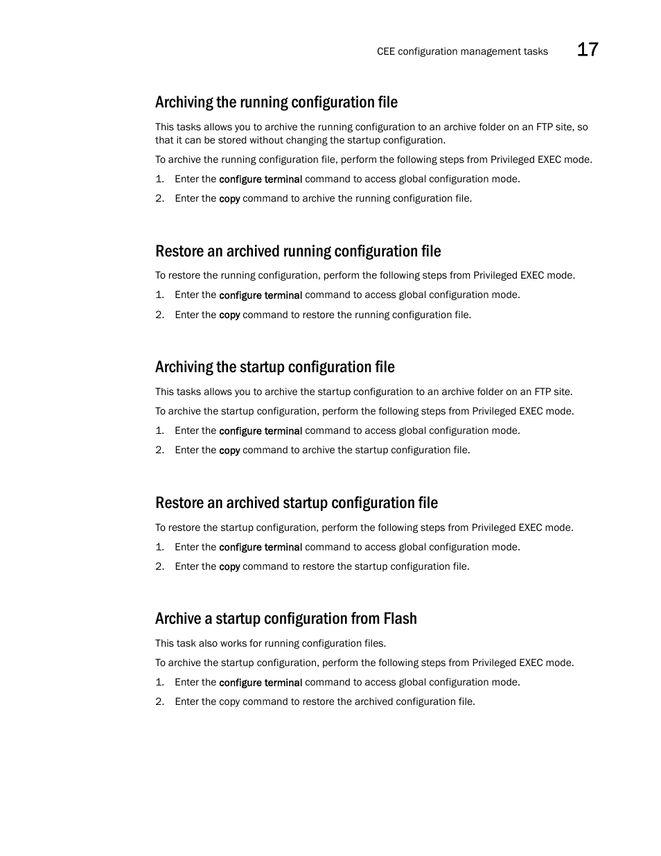 Archiving the running configuration file, Restore an archived running configuration file, Archiving the startup configuration file | Restore an archived startup configuration file, Archive a startup configuration from flash | Dell POWEREDGE M1000E User Manual | Page 159 / 168