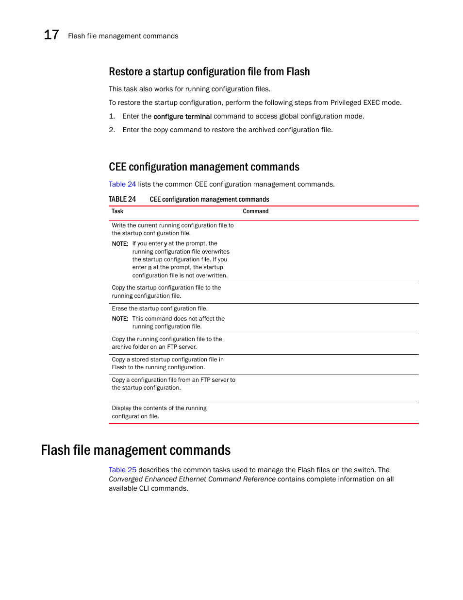 Restore a startup configuration file from flash, Cee configuration management commands, Flash file management commands | Table 24 | Dell POWEREDGE M1000E User Manual | Page 160 / 168