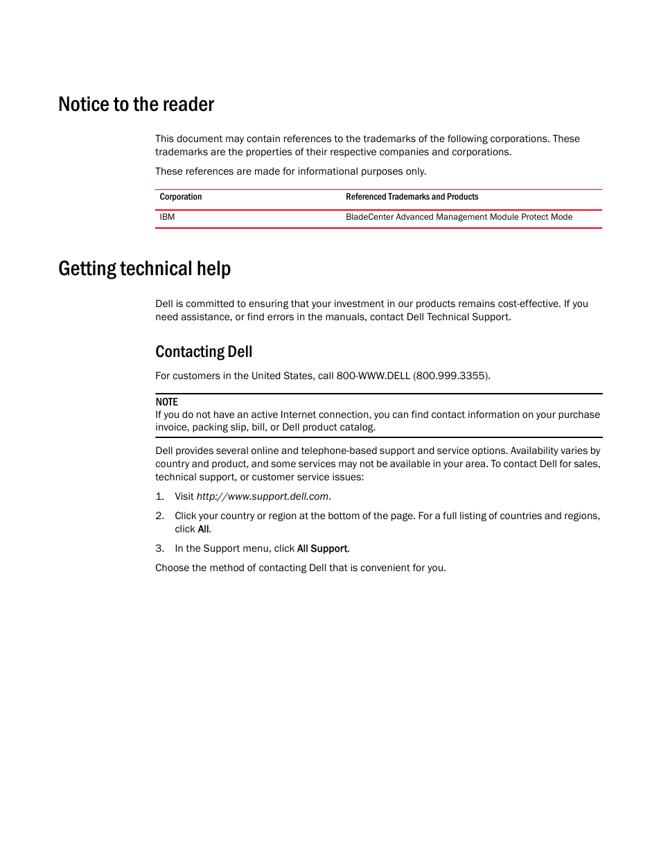 Notice to the reader, Getting technical help, Contacting dell | Dell POWEREDGE M1000E User Manual | Page 18 / 168