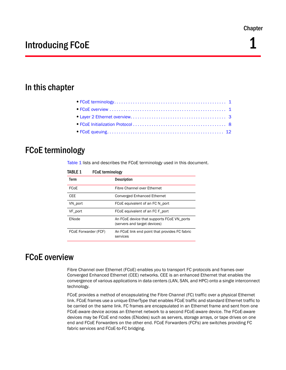 Introducing fcoe, In this chapter, Fcoe terminology | Fcoe overview, Chapter 1, Table 1, Chapter 1, “introducing fcoe, Chapter | Dell POWEREDGE M1000E User Manual | Page 19 / 168