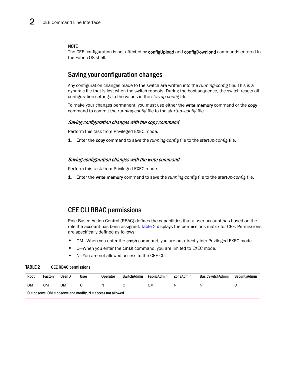 Saving your configuration changes, Cee cli rbac permissions, Table 2 | Saving configuration changes with the copy command | Dell POWEREDGE M1000E User Manual | Page 32 / 168