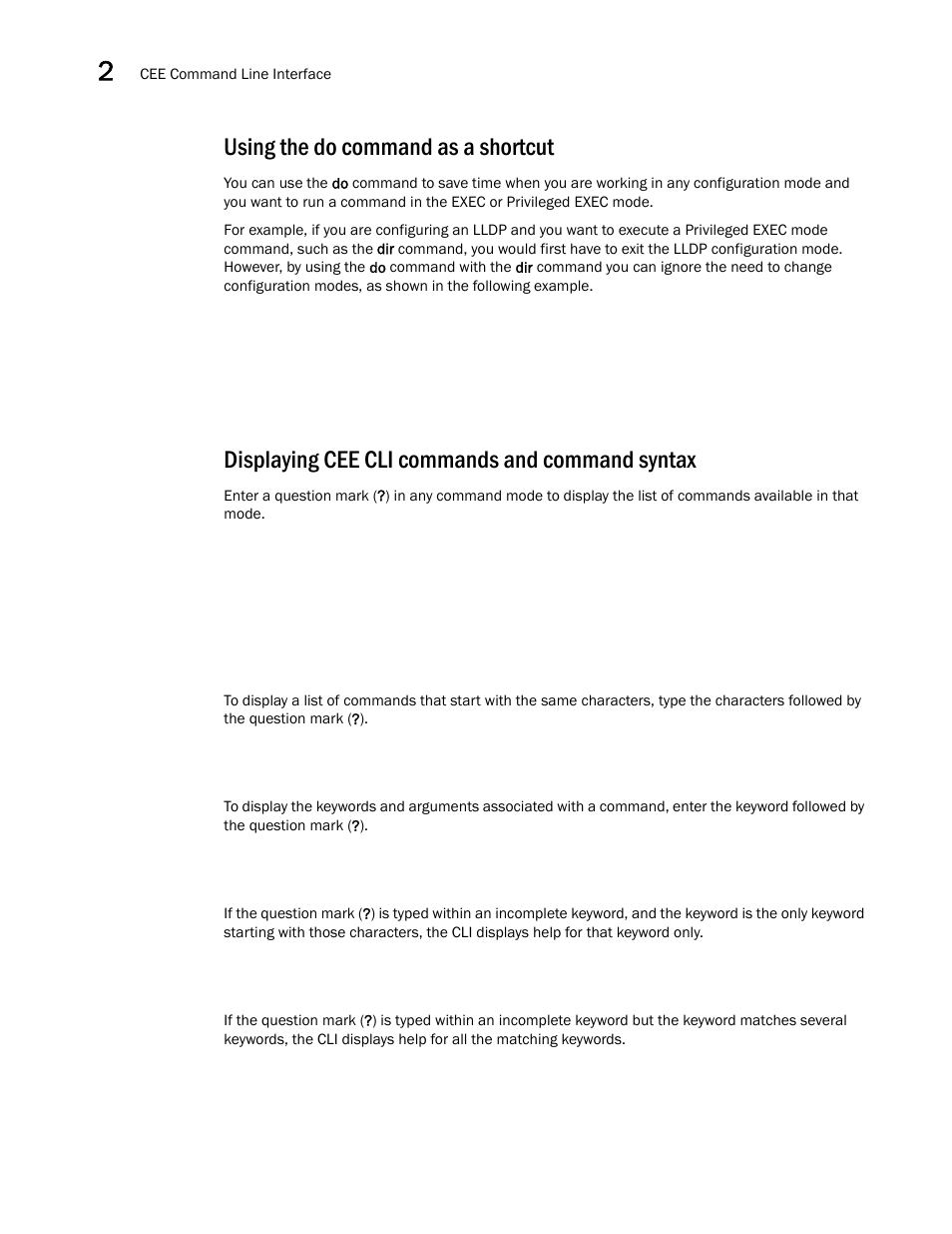 Using the do command as a shortcut, Displaying cee cli commands and command syntax | Dell POWEREDGE M1000E User Manual | Page 36 / 168