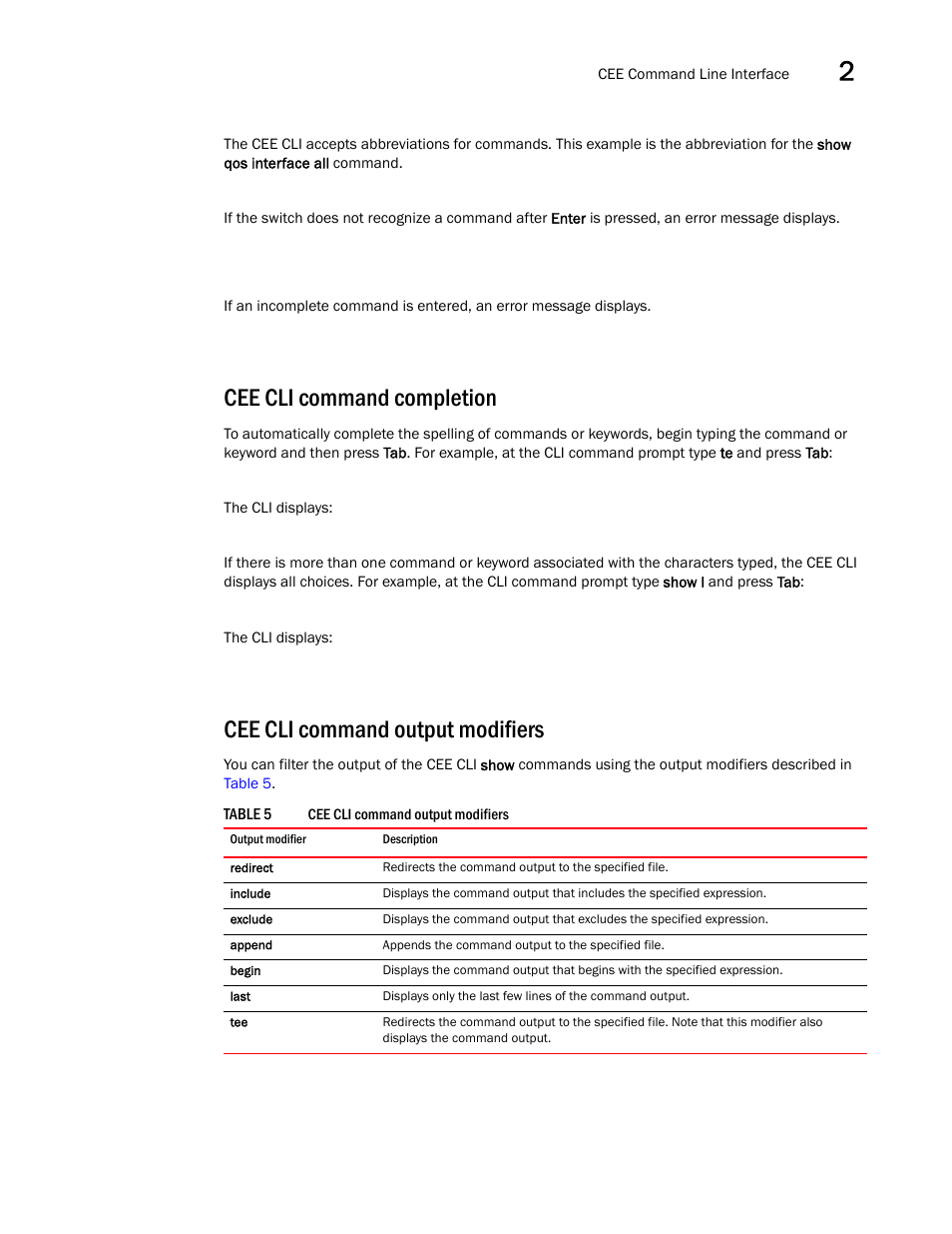 Cee cli command completion, Cee cli command output modifiers, Table 5 | Dell POWEREDGE M1000E User Manual | Page 37 / 168