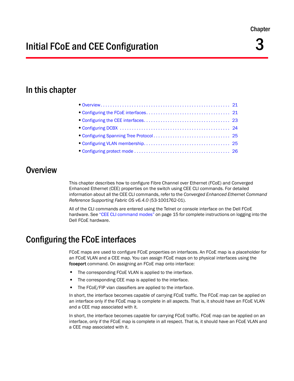 Initial fcoe and cee configuration, In this chapter, Overview | Configuring the fcoe interfaces, Chapter 3, Chapter 3, “initial fcoe and cee configuration | Dell POWEREDGE M1000E User Manual | Page 39 / 168