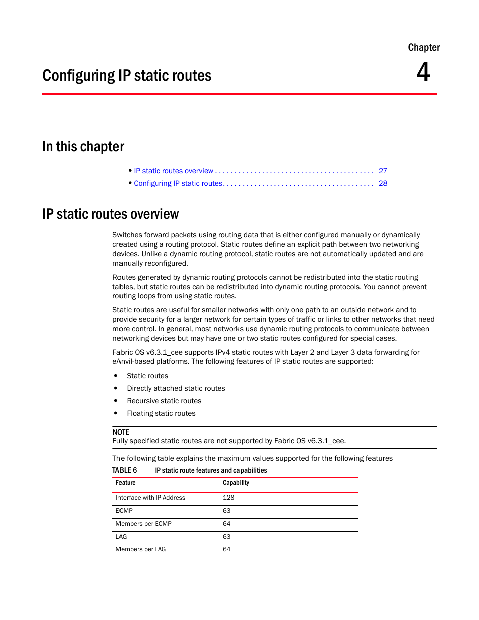 Configuring ip static routes, In this chapter, Ip static routes overview | Chapter 4, Table 6, Chapter 4, “configuring ip static routes, Chapter | Dell POWEREDGE M1000E User Manual | Page 45 / 168