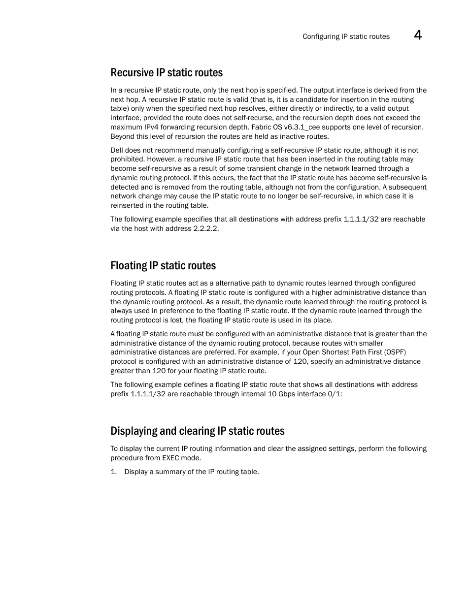 Recursive ip static routes, Floating ip static routes, Displaying and clearing ip static routes | Dell POWEREDGE M1000E User Manual | Page 47 / 168