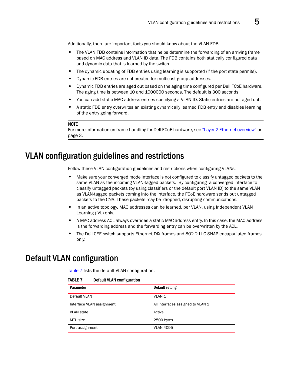 Vlan configuration guidelines and restrictions, Default vlan configuration, Table 7 | Dell POWEREDGE M1000E User Manual | Page 51 / 168