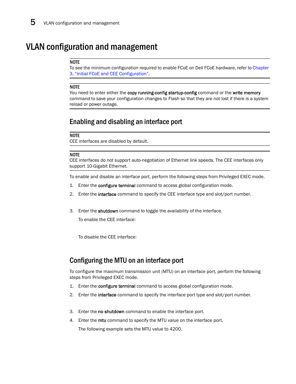 Vlan configuration and management, Enabling and disabling an interface port, Configuring the mtu on an interface port | Dell POWEREDGE M1000E User Manual | Page 52 / 168