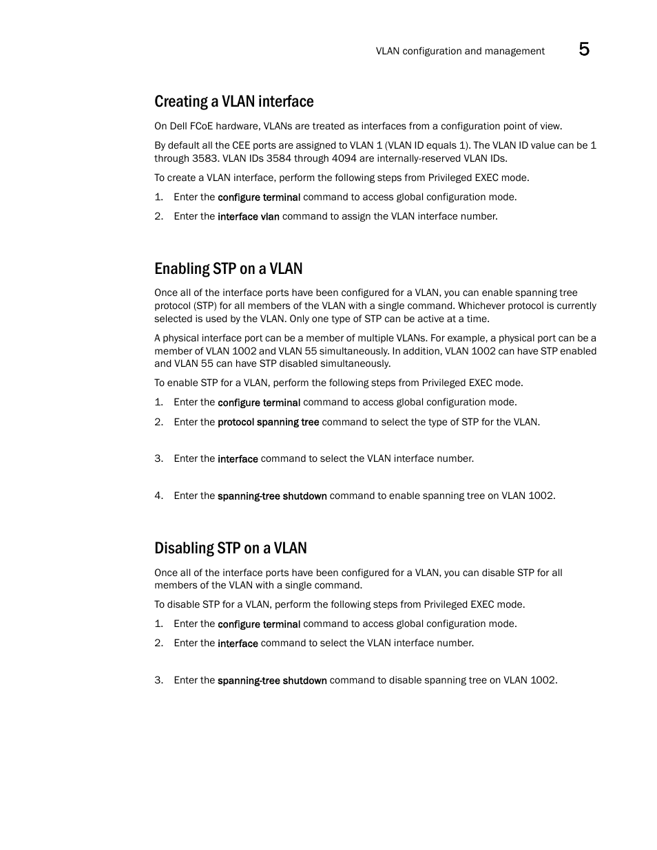 Creating a vlan interface, Enabling stp on a vlan, Disabling stp on a vlan | Dell POWEREDGE M1000E User Manual | Page 53 / 168