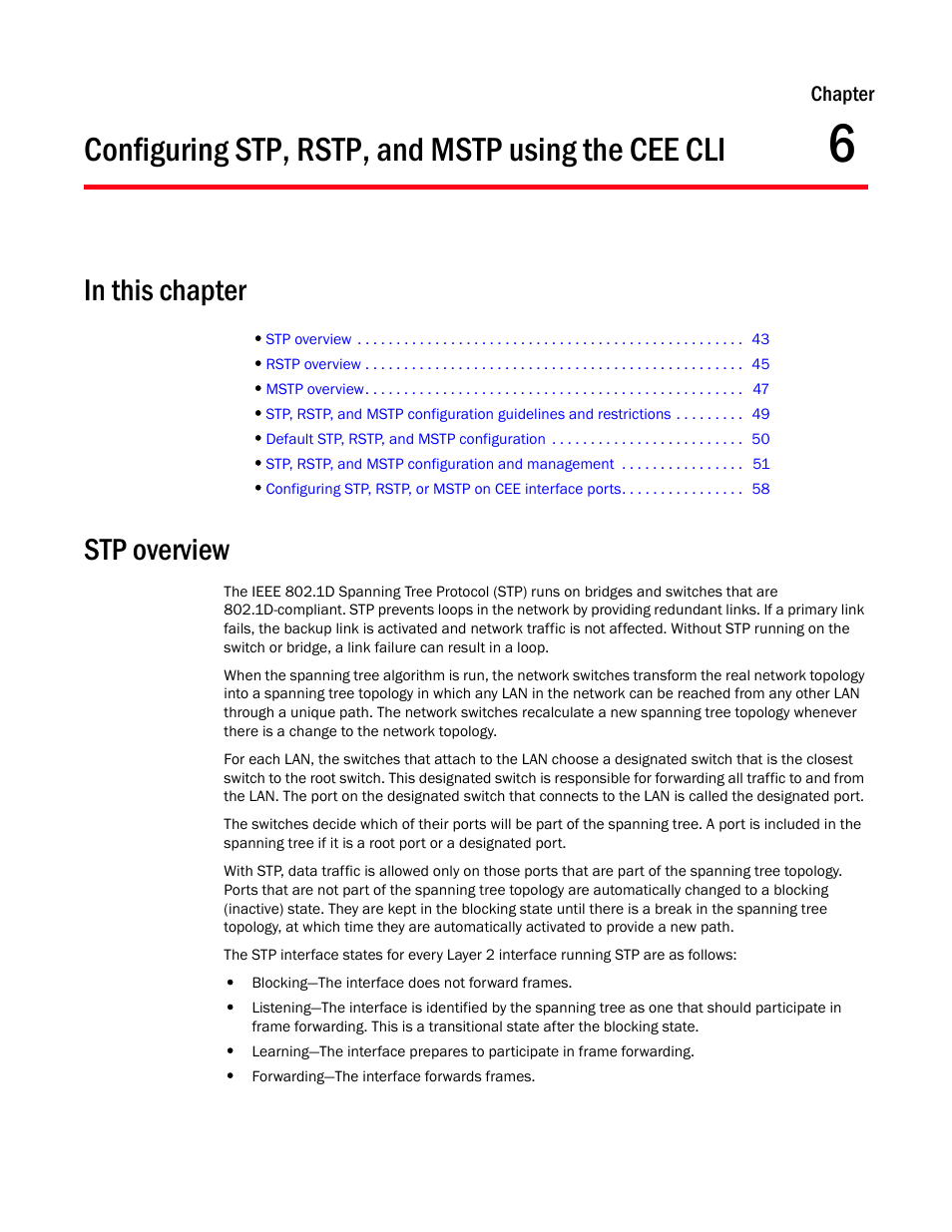 Configuring stp, rstp, and mstp using the cee cli, In this chapter, Stp overview | Chapter 6, Configuring stp, rstp, and mstp, Using the cee cli | Dell POWEREDGE M1000E User Manual | Page 61 / 168