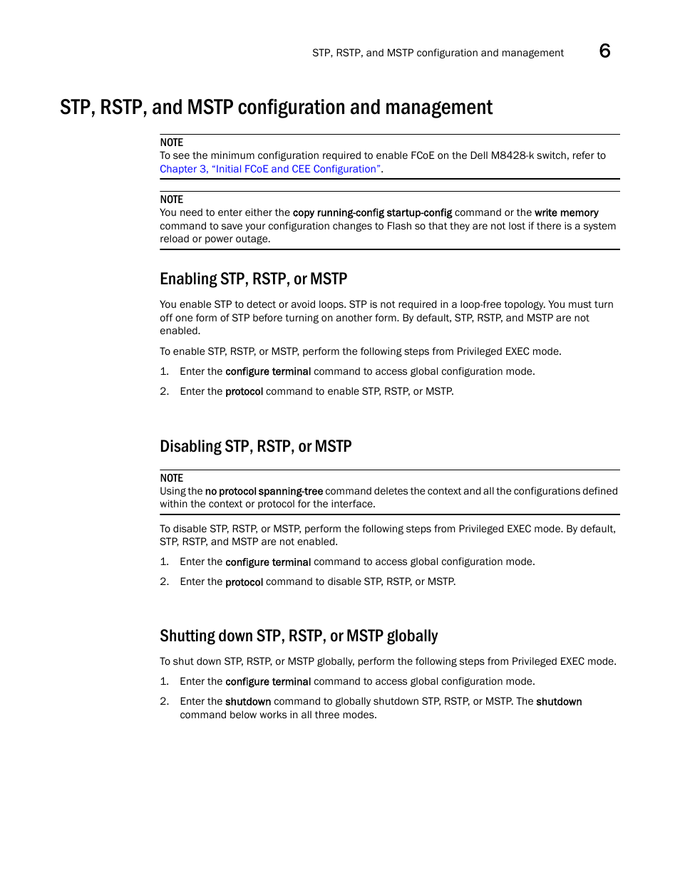 Stp, rstp, and mstp configuration and management, Enabling stp, rstp, or mstp, Disabling stp, rstp, or mstp | Shutting down stp, rstp, or mstp globally, Tails, see, Enabling stp, Rstp, or mstp | Dell POWEREDGE M1000E User Manual | Page 69 / 168