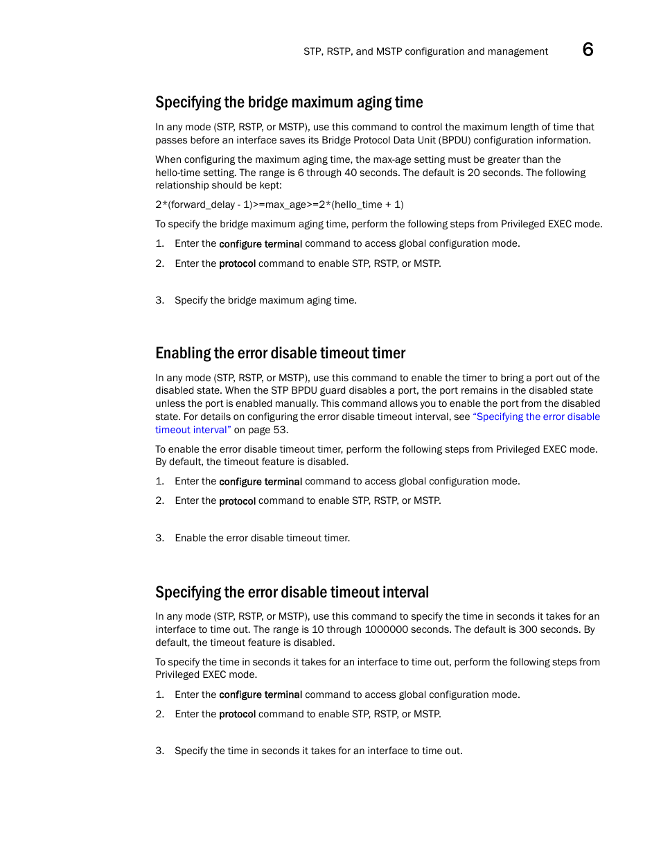 Specifying the bridge maximum aging time, Enabling the error disable timeout timer, Specifying the error disable timeout interval | Specifying the bridge, Maximum aging time, Tails, see, Enabling the error disable, Timeout timer, Specifying the error disable, Timeout interval | Dell POWEREDGE M1000E User Manual | Page 71 / 168