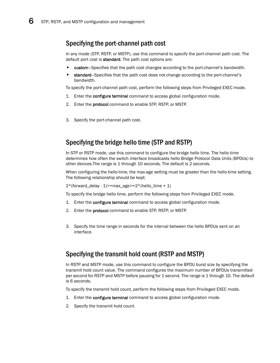 Specifying the port-channel path cost, Specifying the bridge hello time (stp and rstp), Specifying the transmit hold count (rstp and mstp) | Specifying the bridge hello time (stp, And rstp) | Dell POWEREDGE M1000E User Manual | Page 72 / 168