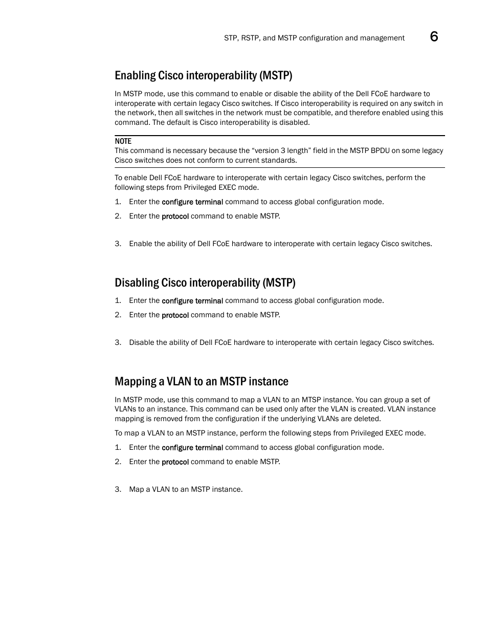 Enabling cisco interoperability (mstp), Disabling cisco interoperability (mstp), Mapping a vlan to an mstp instance | Tails see, Mapping, A vlan to an mstp instance | Dell POWEREDGE M1000E User Manual | Page 73 / 168